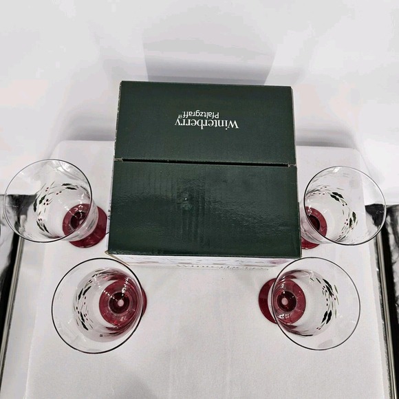 Pfaltzgraff Winterberry Water Holiday Goblets Hand Painted Etched Qty 4 In Box - Picture 8 of 8